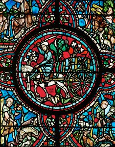 酒商用结实的绳子将一桶酒绑在车上运送（彩色玻璃）。 作者 未知艺术家