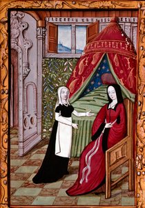 一位年轻女子可能是路易丝·拉瓦尔（Louise Laval，卒于 1480 年）在她的卧室里，她的微型仆人取自“Histoire de Jean III de Brush et de sa femme Louise de Laval””（1475 年，第 10 章）尚蒂伊，孔德博物馆 作者 未知艺术家