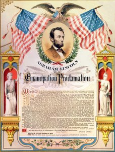 亚伯拉罕-林肯和他的解放奴隶宣言（旗帜和老鹰）。22/09/1862. 作者 未知艺术家