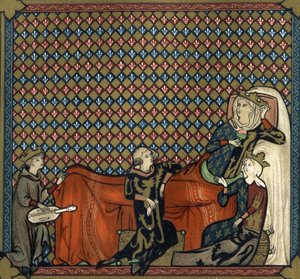 Adenet le Roi（约1240年-约1300年），诗人和红雀，在Mathilde de Brabant（1224-1288年）和卡斯蒂利亚的Blanche公主（圣路易的女儿）面前朗诵Cleomades的小说。19世纪的彩色石版画传真，根据微型画制作。 作者 未知艺术家