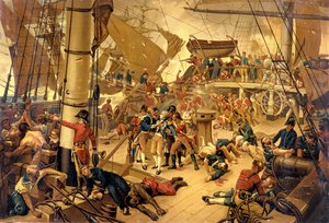 纳尔逊海军上将在 1805 年 10 月 21 日的特拉法加海战中在胜利桥上受了重伤。 作者 未知艺术家