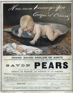 1889年英国肥皂 "Pears "的广告，是伟大的英国健康肥皂。一个婴儿在洗澡时发出呜呜声（哭）并试图抓住肥皂。 作者 未知艺术家