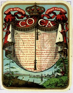 Coca（从可卡因中提取的产品）的广告。"秘鲁香脂卫生的Exilir COCA"，19世纪的色版画。 作者 未知艺术家