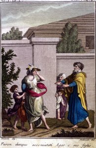 Agar and Ishmael were driven out by Abraham: Agar, who was dismissed, went with his son, Isamel, after the birth of Isaac. Engraving from the beginning of the 19th century. 作者 未知艺术家