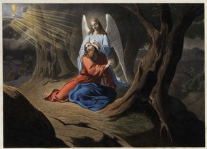 园中的痛苦--基督在橄榄园的祈祷。19世纪中期的匿名雕刻。 作者 未知艺术家