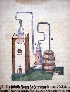 炼金术：蒸馏装置，摘自 Pietro Andrea Mattioli (Matthiole) (1500-1577) 的一本书。 法兰克福 作者 未知艺术家