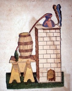 炼金术：蒸馏装置。 Pietro Andrea Mattioli (Matthiole) (1500-1577) 的一本书雕刻。 法兰克福 作者 未知艺术家