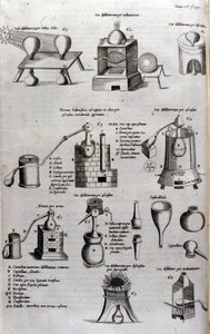 Alchemy: board representing different models of distillation apparatus and stills. Athanase Kircher (or Athanasius Kircheri 1602-1680), German Jesuite. 17th century engraving. 作者 未知艺术家