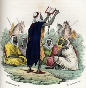 阿尔及利亚。埃米尔阿卜杜勒-卡德尔（Abd-el-Kader或ibn Muhyi al-Din al-Hasani）（1808-1883）在1832年呼吁进行第一次圣战（圣战）。载于《阿尔盖里的历史》，莱昂内-加里贝尔，第二卷。 作者 未知艺术家