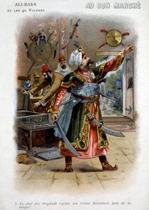 阿里巴巴（阿里巴巴）与四十大盗（一千零一夜的故事）：盗贼首领见宝藏被揭开，发誓要报仇雪恨——19世纪末的“好运”纸板 作者 未知艺术家