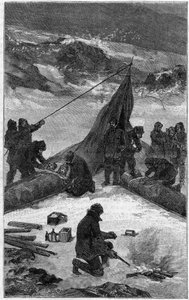 美国对富兰克林夫人湾的探险（1881-1884）：对船员的救援。1889年6月22日的 "自然：科学与艺术和工业应用杂志 "中的雕刻作品。 作者 未知艺术家
