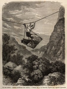 An air ferry, path above the valles, a kind of string basket is suspended from a rope, for the transport of men and materials, its displacement is done by the strength of the arms, pulling the suspension rope. Engraving to illustrate the voyage to Japan in 作者 未知艺术家