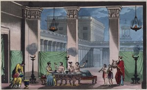 古希腊--Triclinium--来自 "宇宙中所有民族的用途和习俗 "的雕刻品。或《从最遥远的时代到今天所有国家的政府、法律、民兵、宗教的历史》1856年 作者 未知艺术家