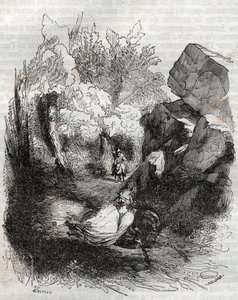 逃离老隐士的安吉莉卡（Angelica）--1851年的雕刻，出自路多维科-阿里奥斯托的《愤怒的罗兰》（Orlando furioso）（16世纪），被称为阿里奥斯塔--由特雷桑伯爵从意大利语翻译的版本，由古斯塔夫-哈佛出版1 作者 未知艺术家