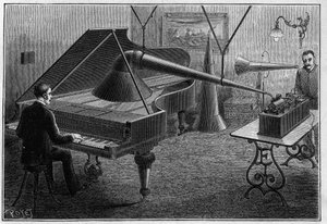 用留声机录制钢琴曲的设备，这是托马斯-阿尔瓦-爱迪生（1847-1931）的发明。雕刻在 "La Nature.科学及其在艺术和工业中的应用评论》中的雕刻。 作者 未知艺术家