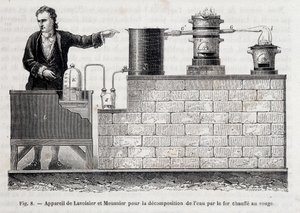 Antoine Laurent de Lavoisier 和 Meusnier 用于通过加热至红色的铁分解水的装置 - 在菲吉耶的“工业奇迹”中 作者 未知艺术家