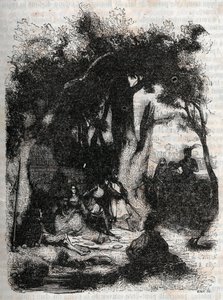 罗多蒙和曼德里卡德抵达梅林喷泉--1851年的雕刻，出自卢多维科-阿里奥斯托的《罗兰-弗里埃》（Orlando furioso）（16世纪），被称为阿里奥斯塔--由特雷桑伯爵从意大利文翻译过来的版本，并由其出版。 作者 未知艺术家