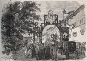 1865年，奥地利的伊丽莎白女王（Sissi）（Elisabeth of Austria）抵达巴德基辛根（Spa）--1865年《图解世界》中的雕刻作品 作者 未知艺术家