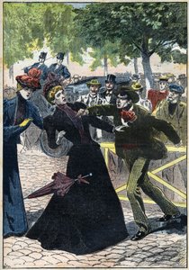 1898年意大利无政府主义者Luccheni在日内瓦刺杀奥地利伊丽莎白（Sissi）女王。1898年的插图。私人收藏--意大利无政府主义者Luigi Lucheni在日内瓦刺杀奥地利伊丽莎白皇后（Sissi）。 作者 未知艺术家