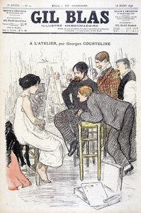 在Georges Courteline的工作室。男子在车间里看一个女人摆姿势。在 "Gil Blas"，1898年3月18日。 作者 未知艺术家