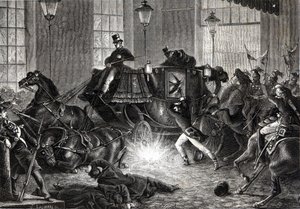 1858年1月1日Felice Orsini对拿破仑三世的攻击--见亨利-马丁的《法国历史》。 作者 未知艺术家