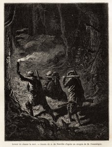 Back from hunting at night, the prey, a bear, is tied up and suspended from a branch that the hunters carry on the shoulder. Engraving to illustrate the story Quatre mois en Florida, by M. Pousselgue, in 1851-1852, published in “” le tour du monde””, under 作者 未知艺术家