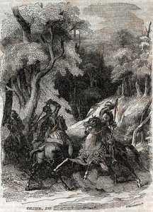 罗兰和费拉古斯之间的战斗--1851年的雕刻，出自卢多维科-阿里奥斯托的《愤怒的罗兰》（Orlando furioso）（16世纪），被称为阿里奥斯塔--由特雷桑伯爵从意大利语翻译的版本，1851年由古斯塔夫-哈佛出版。 作者 未知艺术家