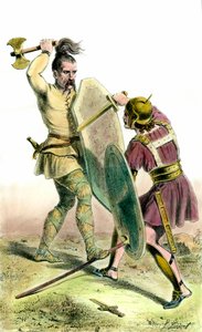 法郎士兵和罗马士兵之间的战斗。 19 世纪雕刻私人收藏 作者 未知艺术家