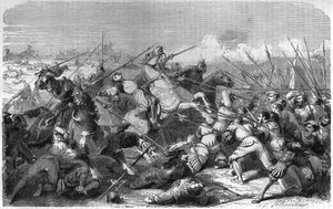 拉文纳之战（意大利），1512年4月11日内穆尔公爵加斯顿（1489-1512）之死。19世纪的雕版画。 作者 未知艺术家