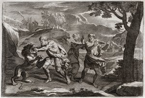 罗亚蒙的圣经，旧约。参孙的诞生。参孙将一头狮子撕成碎片。1811年的插图。 作者 未知艺术家