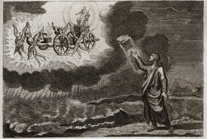 罗亚蒙的圣经，旧约。Ezekiel prophete.圣先知有一个异象，主在一辆车上向他显现，车上有四个小天使（tetramorph）。1811年的插图。 作者 未知艺术家