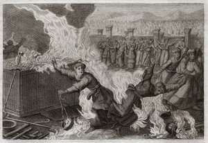罗亚蒙的圣经，旧约。拿答和亚比乌。拿答（Nadav）和亚比乌（Abihou），亚伦的儿子，在他们的香里放了异火，向神献香，被烧在会幕本身。来自1811年的插图。 作者 未知艺术家