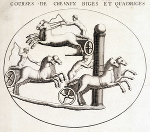 Biges和quadriges赛马。19世纪的雕版画。 作者 未知艺术家