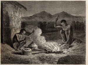 Simiango 的铁匠，位于赞比斯河畔。 在爱德华·查顿 (Edouard Charton) 指导下出版的“Le tour du monde, nouveau journal des voyages”中雕刻，说明利文斯通博士从 1840 年到 1856 年首次前往南部非洲的航行 作者 未知艺术家
