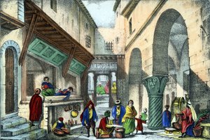 阿尔及尔一条街上的商店。载于莱昂-加利贝尔的《古今阿尔及利亚》。1846年的意大利版彩色。 作者 未知艺术家
