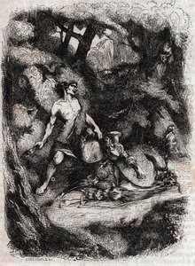 巨人的布拉达曼特梯田--1851年的雕刻，出自卢多维科-阿里奥斯托的《愤怒的罗兰》（Orlando furioso）（16世纪），被称为阿里奥斯塔--由特雷桑伯爵从意大利语翻译的版本，1851年由古斯塔夫-哈佛出版。 作者 Unknown artist