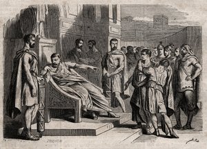 布鲁图判处儿子死刑--布鲁图（Marcus Junius Brutus，公元前85-42年）判处儿子死刑--《杰出人物词典》中的雕刻--1864年--Joseph Decembre和Edmond Allonier的作品。 作者 Unknown artist