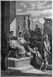 卡马库斯的囚禁--卡拉塔库斯（Caratacos，Caratacus）和他的家人在罗马皇帝克劳狄斯（Claudius）（公元前10年-公元54年）面前被囚禁--Francois Guizot 1877年所作的《L