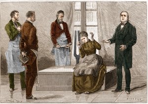 在声音的影响下产生的催眠症（Diapason）。法国神经学家Jean Martin Charcot（1825-1893）（右）在Salpetriere医院对一名病人进行催眠演示。插图取自《自然》1879年 作者 未知艺术家