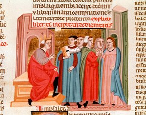 查士丁尼大帝 (483-565) 时期的婚礼庆典。 取自“Justinianus Istitutiones”的缩影，14 世纪帕多瓦，Biblioteca capitolare 作者 未知艺术家