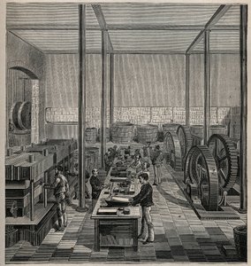 赛璐珞：赛璐珞制造。1885年阿道夫-比塔尔的 "艺术和金属图解 "中的雕版画。 作者 未知艺术家