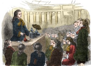 1744年法国化学家Guillaume-Francois (Guillaume Francois) Rouelle（1703-1770）在科学院的化学课程。1861年的雕版画。 作者 未知艺术家