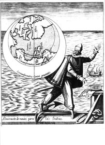 克里斯托弗-哥伦布--在Philoponus Honorius的《Nova Tipus Transacto Navigatio Novi Orbi》中。 作者 未知艺术家