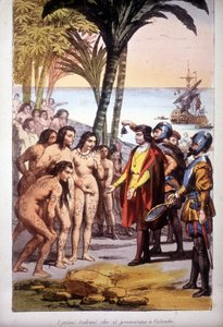 克里斯托弗·哥伦布于 1492 年 12 月 10 日在圣萨尔瓦多（巴哈马）登陆：第一批印第安人出现在哥伦布之前。 雕刻 1850。 作者 未知艺术家