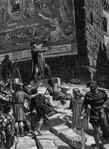 Cola di Rienzo（1314-1354）在成为罗马人民的护卫官的运动中，向罗马人民解释了他在国会大厦安装的壁画，象征着罗马在耶路撒冷特洛伊包围的 dechainee 海中的痛苦， 迦太基和巴 作者 未知艺术家