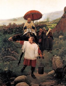 “《山中结合》”《山中宗教团》。 Mariano VAYREDA VILA (1853-1903) 的绘画。 西班牙，奥洛特。 Garrotxa 地区博物馆。 作者 未知艺术家