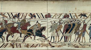 征服者威廉 (1027-1087) 在 1066 年征服英格兰，诺曼骑兵之间的战斗场景装载英格兰国王哈罗德二世的撒克逊步兵贝叶挂毯细节或玛蒂尔德女王的刺绣 作者 未知艺术家