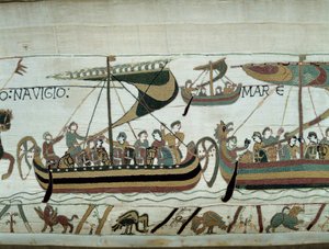 征服者威廉 (1027-1087) 于 1066 年征服英格兰：诺曼舰队正前往英格兰贝叶挂毯细节或玛蒂尔德女王刺绣 作者 未知艺术家