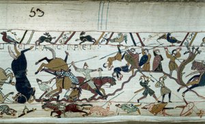 诺曼底公爵征服者威廉 (1027-1087) 于 1066 年征服英格兰：黑斯廷斯之战 贝叶挂毯细节或玛蒂尔德王后刺绣 作者 未知艺术家
