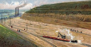 20 世纪 30 年代建造阿尔伯特运河，连接比利时列日港和安特卫普港（20 世纪 30 年代在比利时安特卫普和列日之间开挖阿尔伯特运河） 变色石版画 作者 未知艺术家